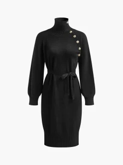 Turtleneck Button Belted Sweater Dress