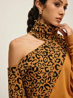 Turtleneck Cutout Leopard Patchwork Knit Top