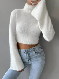 Turtleneck Fuzzy Crop Blouse