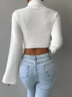 Turtleneck Fuzzy Crop Blouse