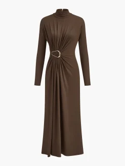 Turtleneck Knotted Pleated Long Dress