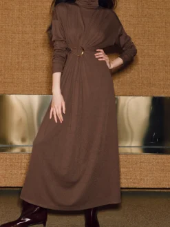 Turtleneck Knotted Pleated Long Dress