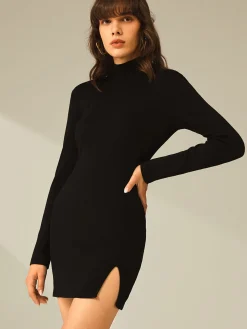 Turtleneck Long Sleeve Mini Dress with Slit and Ribbed Paneling