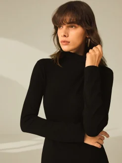 Turtleneck Long Sleeve Mini Dress with Slit and Ribbed Paneling
