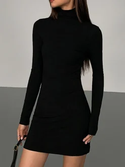 Turtleneck Open Back Long Sleeve Short Dress