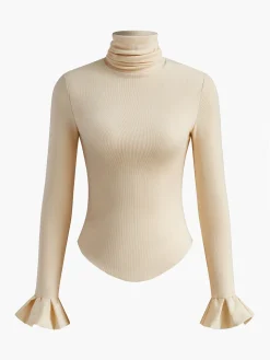 Turtleneck Ribbed Ruffle Sleeve Blouse