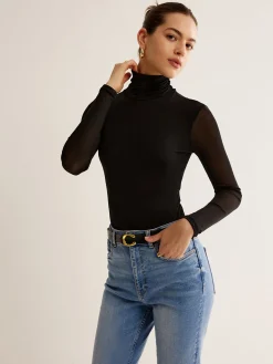 Turtleneck Sheer Sleeve Jersey Top