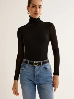 Turtleneck Sheer Sleeve Jersey Top