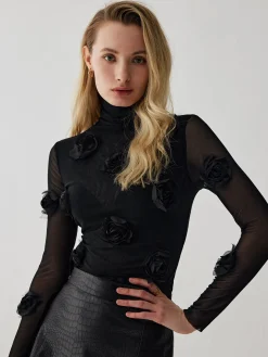 Turtleneck Three Dimensional Flower Decor Shirt