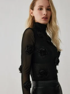 Turtleneck Three Dimensional Flower Decor Shirt