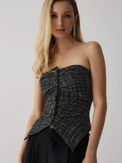 Tweed Button Ruched Tube Top