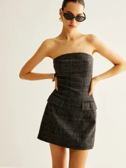 Tweed Checked Tube Short Dress