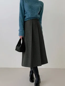 Tweed Pleated Button Midi Skirt