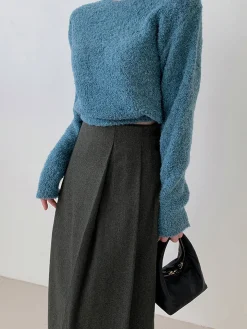 Tweed Pleated Button Midi Skirt
