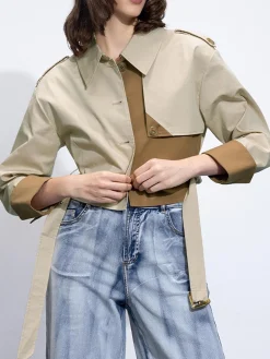 Two Tone Buckle Belted Trench Coat