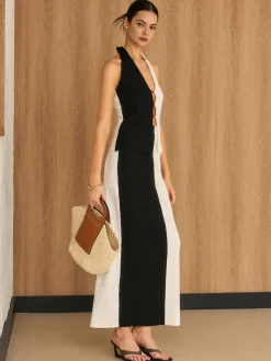 Two Tone Halter Knit Skirt Set
