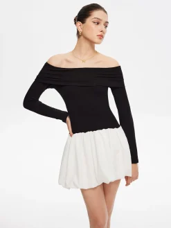 Two Tone Off Shoulder Bubble Short Dress