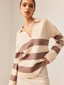 Two Tone Striped Polo Sweater
