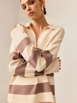 Two Tone Striped Polo Sweater