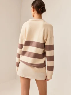 Two Tone Striped Polo Sweater