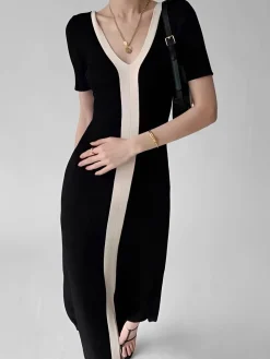 Two Tone V-Neck Knit Slit Midi Dress