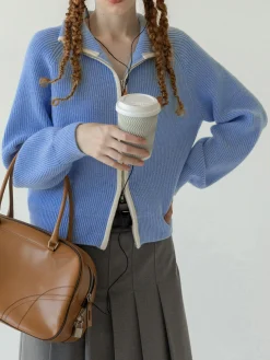 Two Way Zip Contrast Trim Cardigan