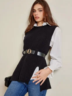 Two-Piece Belted Sweater With Polo Shirt