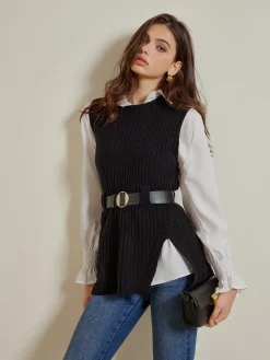Two-Piece Belted Sweater With Polo Shirt