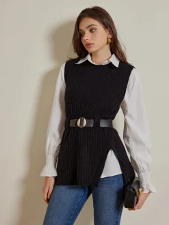 Two-Piece Belted Sweater With Polo Shirt