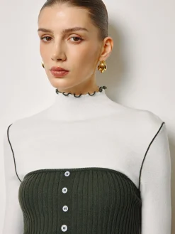 Two-Piece Lettuce Trim Knit Top With Slit Vest