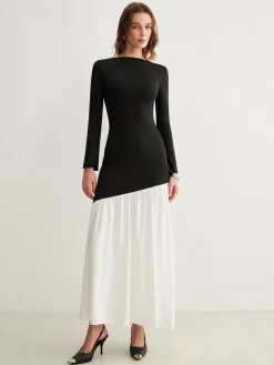 Two-Tone Chiffon Panel Jersey Pleated Dress