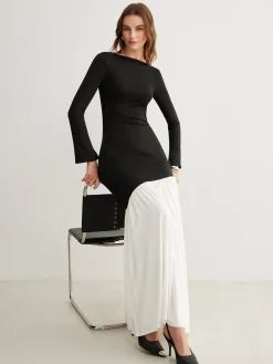 Two-Tone Chiffon Panel Jersey Pleated Dress