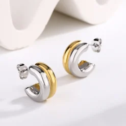 Two-Tone C-Shape Stud Hoop Earrings