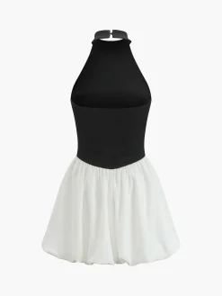 Two-Tone Halter Puff Short Dress