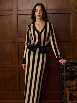 Two-Tone Pinstripe V-Neck Button Sweater Skirt Set