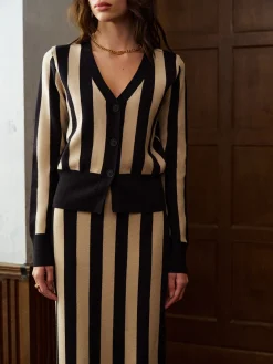 Two-Tone Pinstripe V-Neck Button Sweater Skirt Set