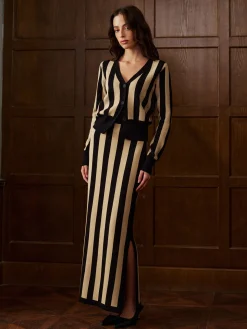 Two-Tone Pinstripe V-Neck Button Sweater Skirt Set