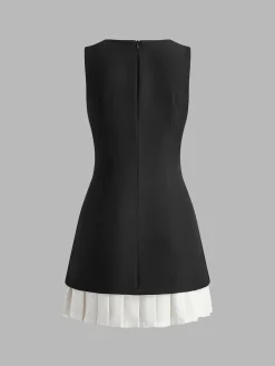 Two-Tone Sleeveless Pleated Short Dress