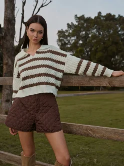 Two-Tone Striped Lapel Short Sweater