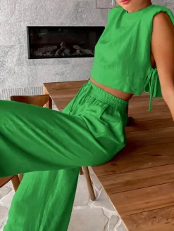 Utility Linen Two Piece Wide Leg Pants Set