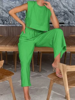 Utility Linen Two Piece Wide Leg Pants Set
