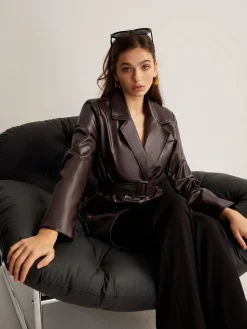 Utility PU Leather Belted Jacket