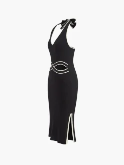V Neck Halter Split Knit Dress
