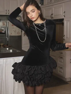 Velvet Bubble Dress With Shoulder Pads