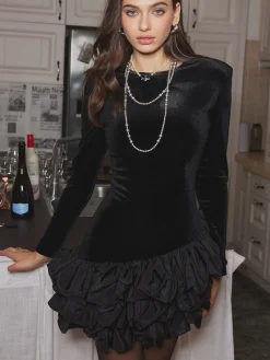 Velvet Bubble Dress With Shoulder Pads