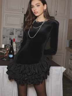 Velvet Bubble Dress With Shoulder Pads