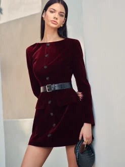 Velvet Button Short Dress With Belt