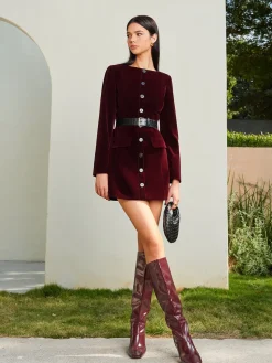 Velvet Button Short Dress With Belt