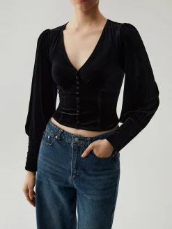 Velvet Buttoned V-neck Long Sleeve Crop Top