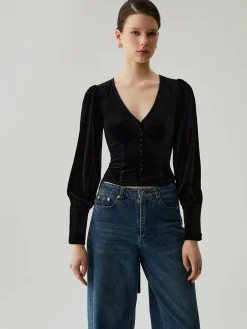 Velvet Buttoned V-neck Long Sleeve Crop Top